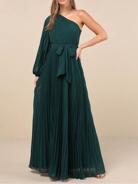 NWT Lulus Divine Charm Green Pleated One-Shoulder Maxi Dress
